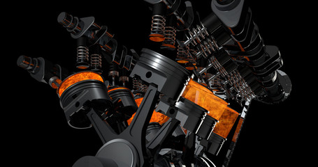 Leinwandbilder - 3d model of a working V8 engine with explosions. Pistons and other mechanical parts are in motion.