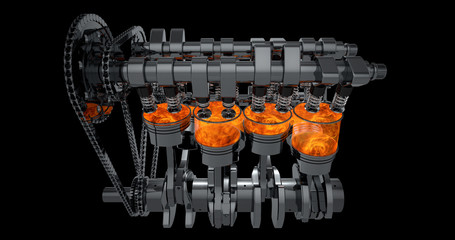 Fototapete - 3d model of a working V8 engine with explosions. Pistons and other mechanical parts are in motion.