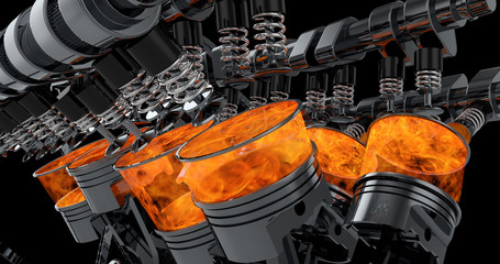Leinwandbilder - CG model of a working V8 engine with explosions. Pistons and other mechanical parts are in motion.