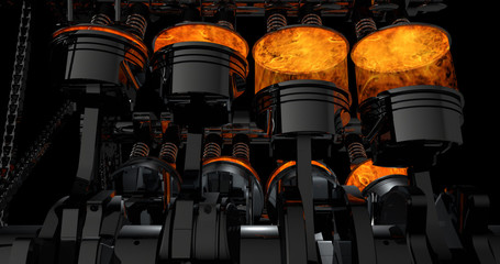 Leinwandbilder - 3d model of a working V8 engine with explosions. Pistons and other mechanical parts are in motion.