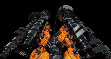 Wall Mural - CG model of a working V8 engine with explosions. Pistons and other mechanical parts are in motion.