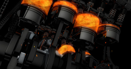 Leinwandbilder - CG model of a working V8 engine with explosions and sparks. Pistons and other mechanical parts are in motion.