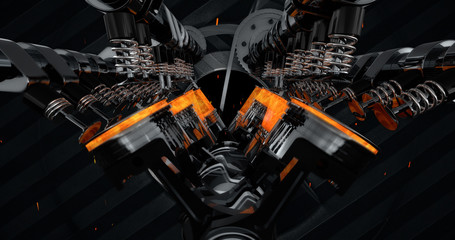 Fototapete - CG model of a working V8 engine with explosions and sparks. Pistons and other mechanical parts are in motion.