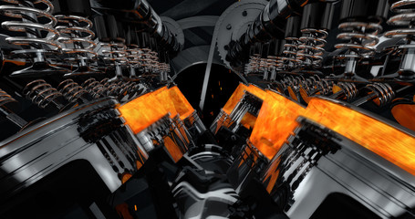 Fototapete - CG model of a working V8 engine with explosions and sparks. Pistons and other mechanical parts are in motion.