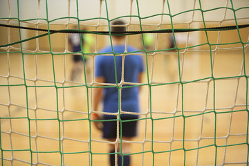 Wall Mural - Rear view of futsal goalkeeper with net of gates