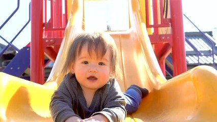 Wall Mural - Happy toddler sliding down the slide at the playground