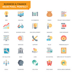 Leinwandbilder - Simple Set Business and Finance Flat Icons for Website and Mobile Apps. Contains such Icons as Analysis, Money, Accounting, Strategy, Bank. 48x48 Pixel Perfect. Editable Stroke. Vector illustration.