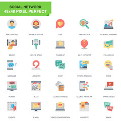 Leinwandbilder - Simple Set Social Media and Network Flat Icons for Website and Mobile Apps. Contains such Icons as Avatar, Blogging, Selfie, Friendship. 48x48 Pixel Perfect. Editable Stroke. Vector illustration.