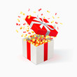 © ✦ Bizarre Factory ✦ - White Gift Box with red cover and gold confetti. Open gift box. festive background.