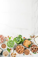 Wall Mural - Healthy diet vegan food, veggie protein sources: Tofu, vegan milk, beans, lentils, nuts, soy milk, spinach and seeds. Top view on white table.