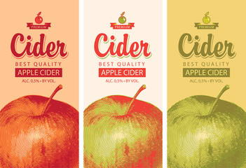 Wall Mural - vector set of labels for apple cider with a realistic image of an apple and calligraphic inscription