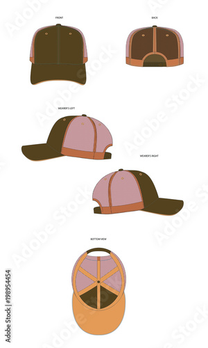 Download Trucker Cap Template Mock Up 6 Panel Trucker Hat Vector Template Illustration Fashion Accessory Cap Headwear Front Back Side And Bottom View Stock Vector Adobe Stock