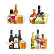 Vector piles of alcoholic drinks in glasses and bottles in flat style set