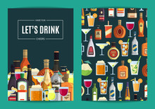 Vector Card, Flyer Or Brochure Template For Bar, Pub Or Liquor Store With Alcoholic Drinks In Glasses And Bottles