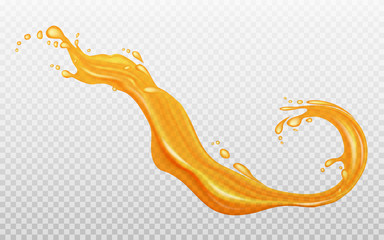 Wall Mural - Transparent orange liquid splash. Juice background. Water, honey, oil, juice, beer, shampoo. Elements for your design. Vector illustration. 