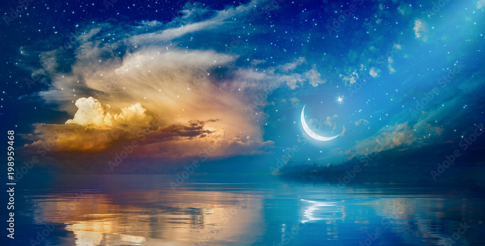 Ramadan Kareem background with crescent, stars and glowing clouds - obrazy, fototapety, plakaty 