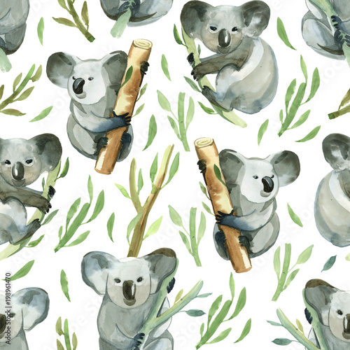 Plakat na zamówienie Seamless pattern of watercolor koala is holding the bamboo branch