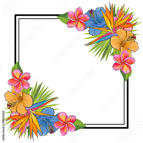 Tropical flowers and palm leaves bouquet elements at corners of square shape ...