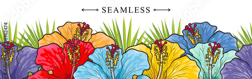 Tropical flowers hibiscuses seamless border pattern with sketch multicolor bl...