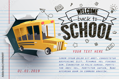 Fotografía Paper art of school bus jumping out from notepad