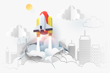 Wall Mural - Paper art of spaceship launch 2D sketch to be 3D paper