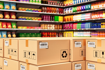 Distribution warehouse logistics, packaged parcels ready for shipment and delivery, stack of cardboard boxes in a retail store on the background of shelves with goods