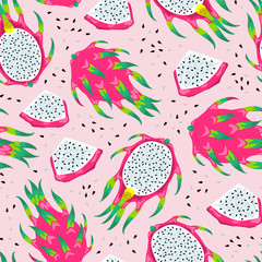 Seamless pattern with dragon fruits isolated on pink background. Vector Illustration of the exotic tropical pitayas.