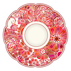 Abstract floral lace pattern with hand drawn flowers. Vector decorative ceramic or porcelain plate with round ornament in ethnic oriental style. Intricate, fanciful ornate dish. Doodle illustration.