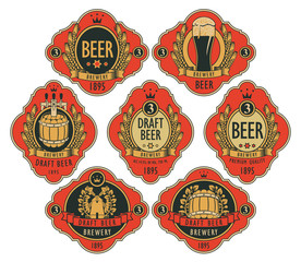 Wall Mural - vector set of ornate beer labels in figured frames on a red background with barrel, beer glass, mill