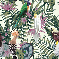 Wall Mural - Tropical birds plants leaves flowers abstract color seamless background