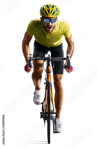 Fotografie, Obraz Professinal road bicycle racer isolated in motion on white