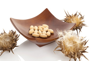 Poster - Dried milk Thistle plant with milk thistle pills