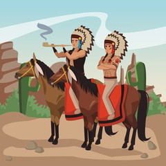 Sticker - American indian warriors on horses at village cartoon vector illustration graphic design