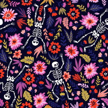 Dancing Skeletons In The Floral Garden. Vector Holiday Illustration For Day Of The Dead Or Halloween. Funny Fabric Design.