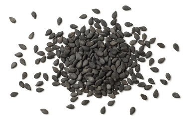 Wall Mural - closeup of dried black sesame seeds isolated on white, top view