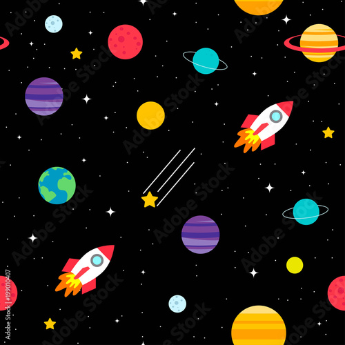 Space Seamless Pattern Vector Illustration Flat Design Of Planets With Spaceship On Starry Night Sky Buy This Stock Vector And Explore Similar Vectors At Adobe Stock Adobe Stock