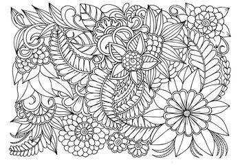 Wall Mural - Outline vector drawing of flowers for adult coloring books. Page of floral pattern in black and white