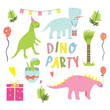 Set of cartoon dinosaurs with party elements