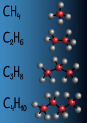 Poster - Chemical formula and molecule model methane CH4, ethane C2H4,  propane C3H8,  butane C4H10 on dark blue background