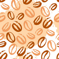 Wall Mural - Vector seamless pattern with hand drawn coffee beans isolated on white background. Stamp coffee seeds, stains & texture. Perfect for packaging paper, package design, banners etc.