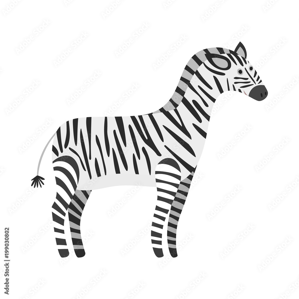 Cute cartoon black and white smiling zebra. Childish flat illustration of  striped zebra character for kids book design, stickers, educational and fun  games, print Stock Vector | Adobe Stock, image size:1000x1000