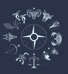 zodiac signs circle over dark sky