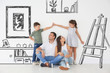 © Africa Studio - Happy family dreaming about moving into new house on white wall background