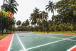 Side wide-angle view of the badminton court on a summer day: red and green field with marking on the ground, multiple palm trees and other plants around, other volleyball and tennis courts near
