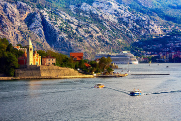 Wall Mural - Ferry with Church and Cruise Ship in Background