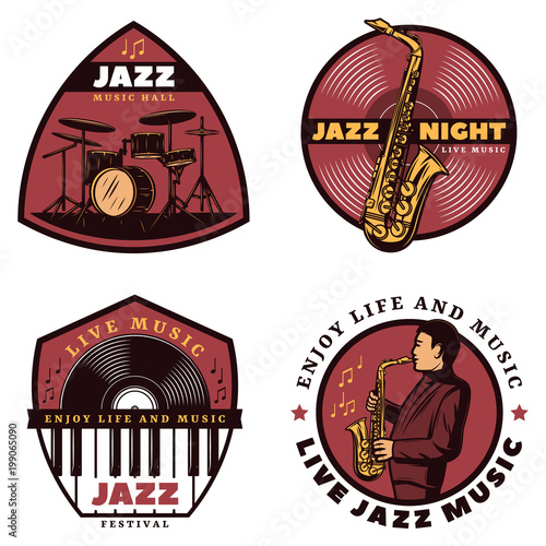 Vintage Colored Live Jazz Music Emblems