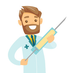 Poster - Smiling caucasian white doctor holding a medical injection syringe with vaccine. Young hipster doctor with a huge syringe. Vector cartoon illustration isolated on white background. Square layout.