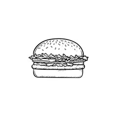 Wall Mural - Burger hand drawn outline doodle icon. Hamburger vector sketch illustration for print, web, mobile and infographics isolated on white background. Grilled fast food concept.