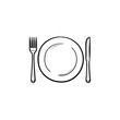 Plate with fork and knife hand drawn outline doodle icon. Dinnerware - plate with fork and knife vector sketch illustration for print, web, mobile and infographics isolated on white background.