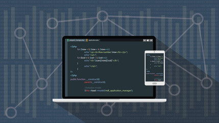 php hypertext preprocessor programming language with laptop notebook and smartphone